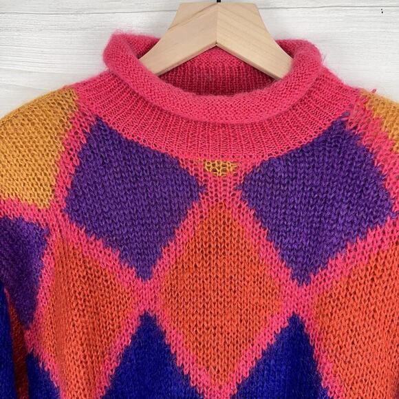 Vintage Rolled Neck Sweater Women M Mohair Blend Whimsical Diamond Oversized Y2K - Picture 3 of 12